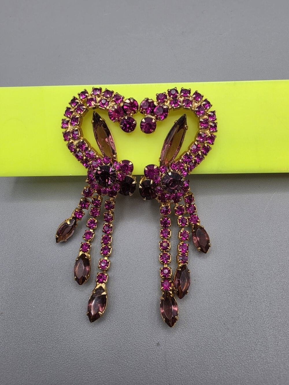 Vintage Juliana Pink & Purple Rhinestones Waterfall Fringe Clip On Earrings